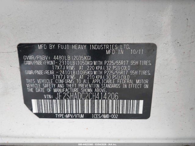 2012 Subaru Forester 2.5x Premium მანქანა იყიდება აუქციონზე, vin: JF2SHADC2CH414206, აუქციონის ნომერი: 44523360