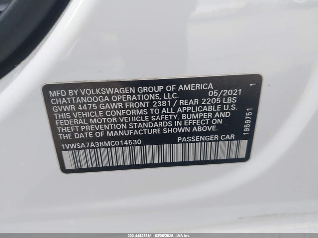 Aukcja sprzedaży 2021 Volkswagen Passat 2.0t Se, vin: 1VWSA7A38MC014530, numer aukcji: 44523361