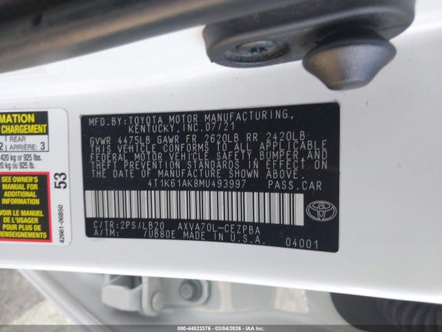 4T1K61AK8MU493997 Toyota CAMRY XSE