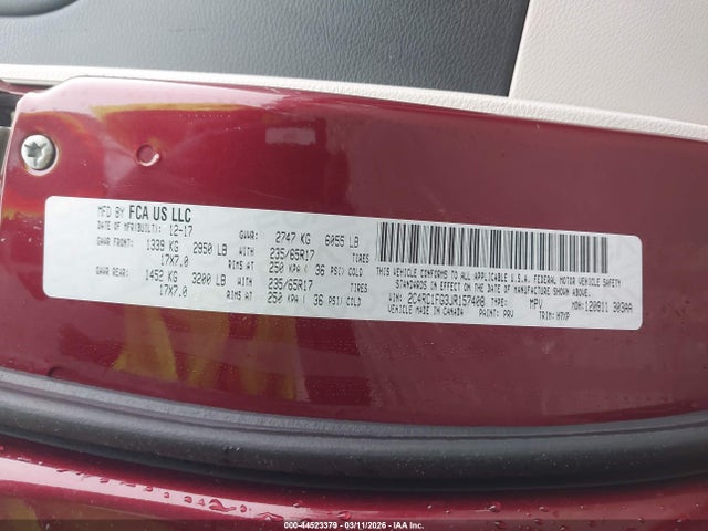 2018 Chrysler Pacifica Touring Plus მანქანა იყიდება აუქციონზე, vin: 2C4RC1FG3JR157408, აუქციონის ნომერი: 44523379