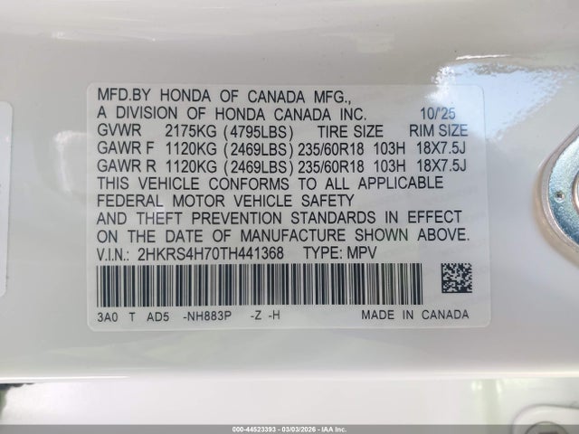 Продаж на аукціоні авто 2026 Honda Cr-v Ex-l Awd, vin: 2HKRS4H70TH441368, номер лоту: 44523393
