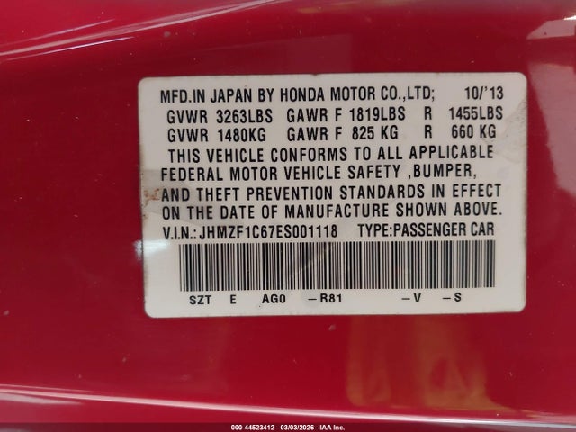 Honda CR-Z EX 2014 JHMZF1C67ES001118 Image 9