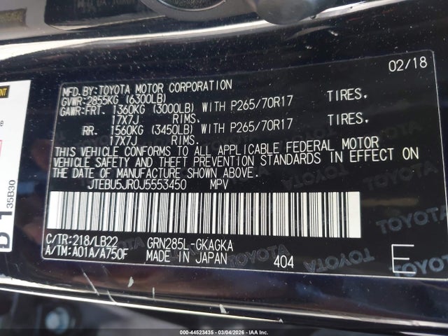 JTEBU5JR0J5553450 Toyota 4runner Sr5 Premium