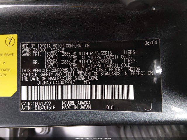 Продаж на аукціоні авто 2004 Lexus Rx 330, vin: JTJHA31U440072017, номер лоту: 44523463