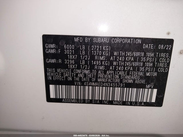 44523478 :رقم المزاد ، 4S4WMAED4N3455791 vin ، 2022 Subaru Ascent Premium مزاد بيع