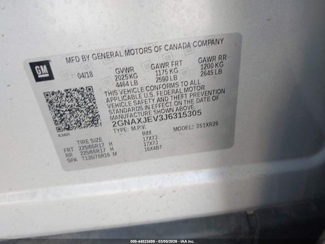 2018 Chevrolet Equinox Lt მანქანა იყიდება აუქციონზე, vin: 2GNAXJEV3J6315305, აუქციონის ნომერი: 44523499