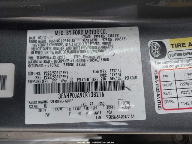 2012 FORD FUSION 3FAHP0JA9CR138216 Photo 8