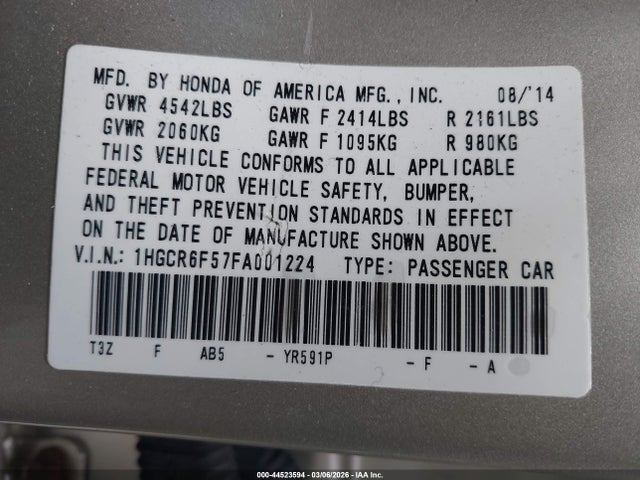 Продажа на аукционе авто 2015 Honda Accord Hybrid Ex-l, vin: 1HGCR6F57FA001224, номер лота: 44523594
