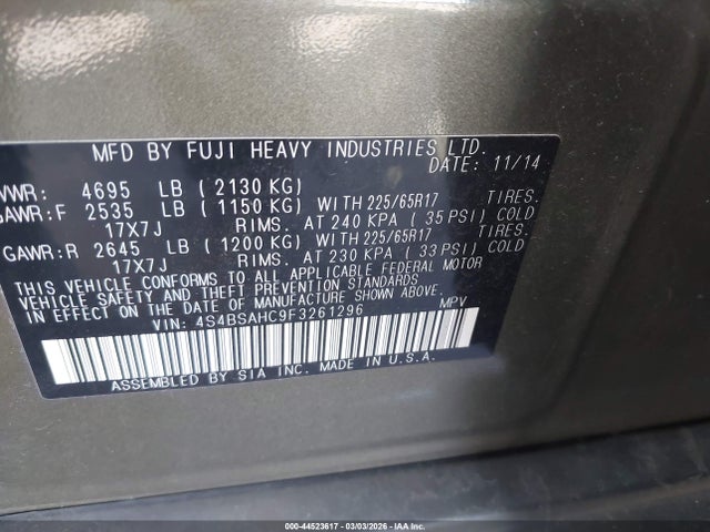 Subaru Outback 2.5i Premium 2015 4S4BSAHC9F3261296 Image 9