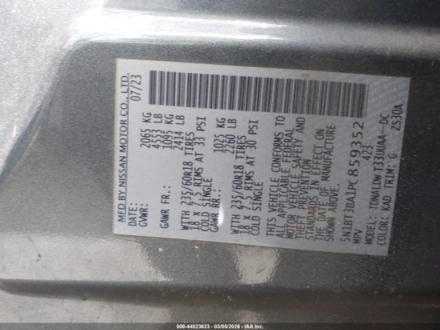 2023 Nissan Rogue Sv Fwd მანქანა იყიდება აუქციონზე, vin: 5N1BT3BA1PC859352, აუქციონის ნომერი: 44523623