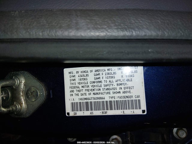 Aukcja sprzedaży 2007 Honda Accord 3.0 Se, vin: 1HGCM66477A096844, numer aukcji: 44523635