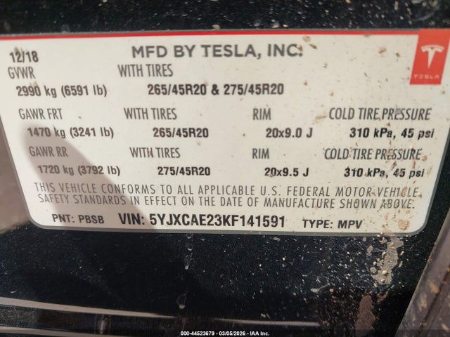 44523679 :رقم المزاد ، 5YJXCAE23KF141591 vin ، 2019 Tesla Model X 100d/75d/long Range مزاد بيع