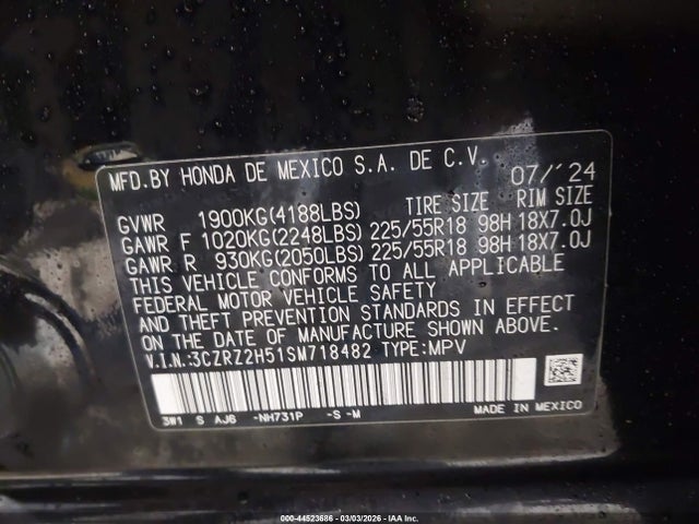 Продажа на аукционе авто 2025 Honda Hr-v Awd Sport, vin: 3CZRZ2H51SM718482, номер лота: 44523686