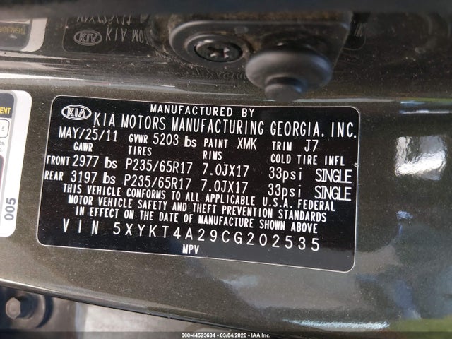 Продаж на аукціоні авто 2012 Kia Sorento Lx V6, vin: 5XYKT4A29CG202535, номер лоту: 44523694