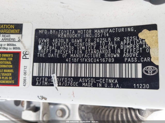 44523708 :رقم المزاد ، 4T1BF1FK9EU416789 vin ، 2014 Toyota Camry Le مزاد بيع