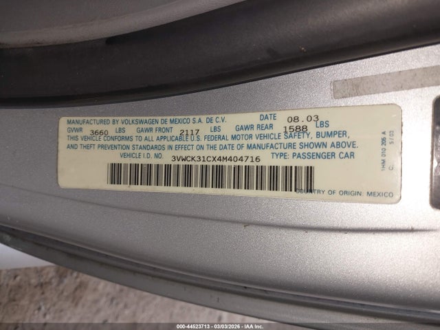 2004 Volkswagen New Beetle Gls 2.0l მანქანა იყიდება აუქციონზე, vin: 3VWCK31CX4M404716, აუქციონის ნომერი: 44523713