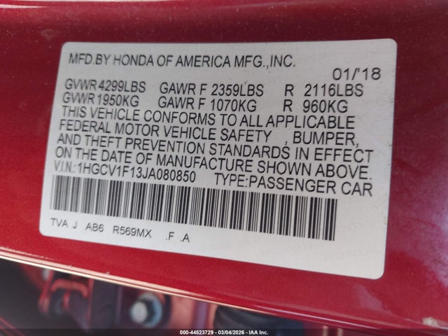 Honda ACCORD LX 2018 1HGCV1F13JA080850 Image 9