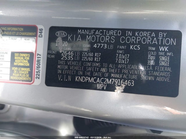 Aukcja sprzedaży 2021 Kia Sportage Lx, vin: KNDPMCAC2M7916463, numer aukcji: 44523742