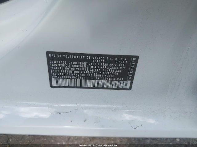 44523776 :رقم المزاد ، 3VWC57BU3MM070101 vin ، 2021 Volkswagen Jetta 1.4t R-line/1.4t S/1.4t Se مزاد بيع