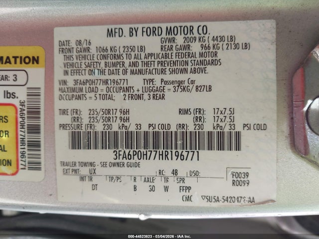 Ford FUSION SE 2017 3FA6P0H77HR196771 Image 9