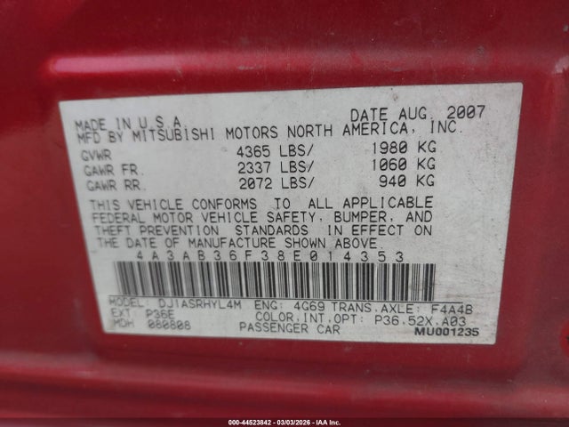 2008 MITSUBISHI GALANT 4A3AB36F38E014353 Photo 8