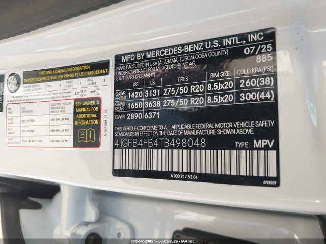 44523857 :رقم المزاد ، 4JGFB4FB4TB498048 vin ، 2026 Mercedes-benz Gle 350 مزاد بيع
