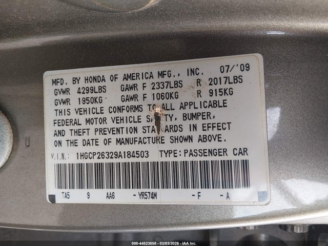 Продажа на аукционе авто 2009 Honda Accord 2.4 Lx, vin: 1HGCP26329A184503, номер лота: 44523858