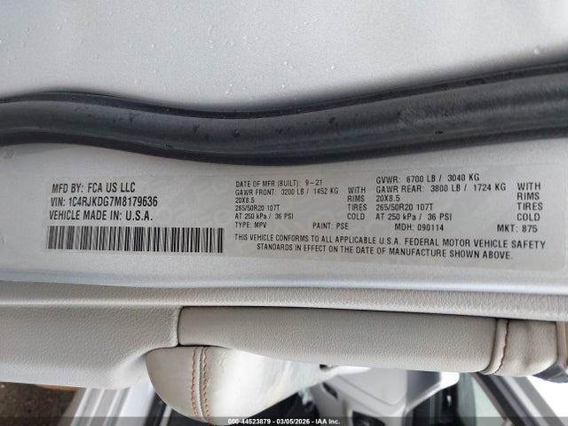 2021 Jeep Grand Cherokee L Overland 4x4 მანქანა იყიდება აუქციონზე, vin: 1C4RJKDG7M8179636, აუქციონის ნომერი: 44523879