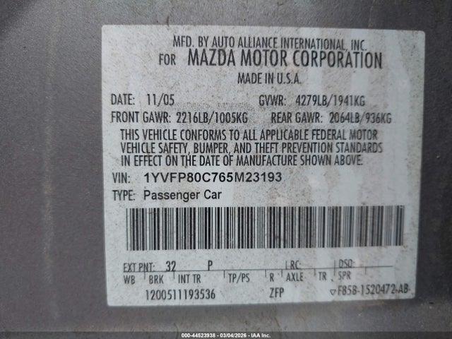 Продаж на аукціоні авто 2006 Mazda Mazda6 I, vin: 1YVFP80C765M23193, номер лоту: 44523938