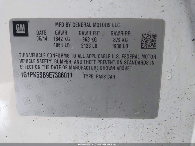 2014 Chevrolet Cruze Lt მანქანა იყიდება აუქციონზე, vin: 1G1PK5SB9E7386011, აუქციონის ნომერი: 44523973