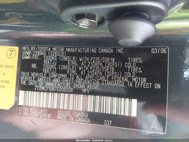 44523983 :رقم المزاد ، 2T2HK31U67C006008 vin ، 2007 Lexus Rx 350 مزاد بيع