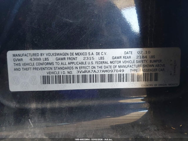 2010 Volkswagen Jetta Wolfsburg Edition მანქანა იყიდება აუქციონზე, vin: 3VWRA7AJ7AM097049, აუქციონის ნომერი: 44523984