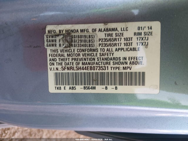 5FNRL5H44EB073531 Honda ODYSSEY EX