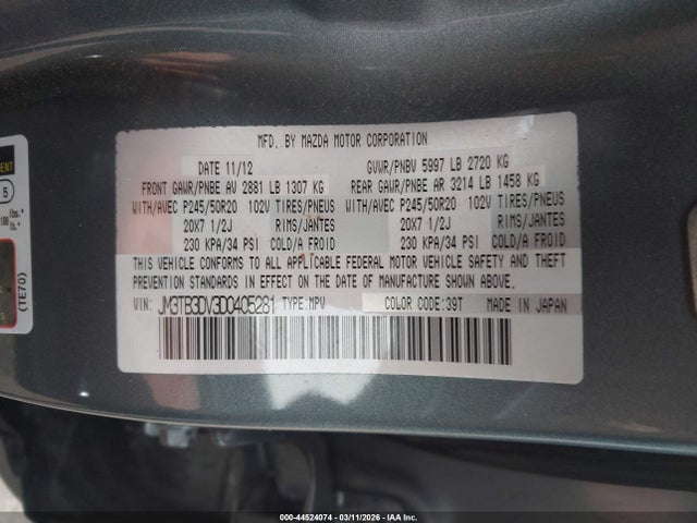 44524074 :رقم المزاد ، JM3TB3DV3D0405281 vin ، 2013 Mazda Cx-9 Grand Touring مزاد بيع