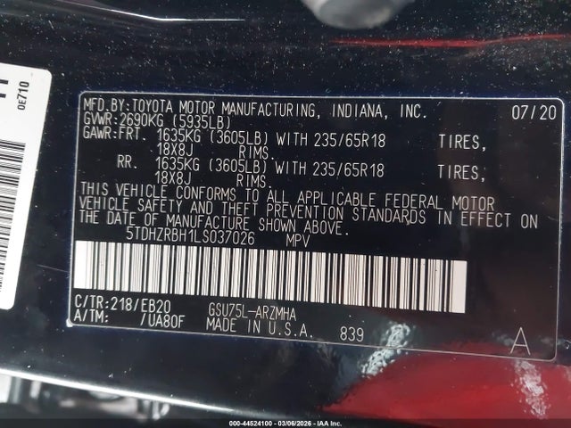 5TDHZRBH1LS037026 Toyota Highlander Xle