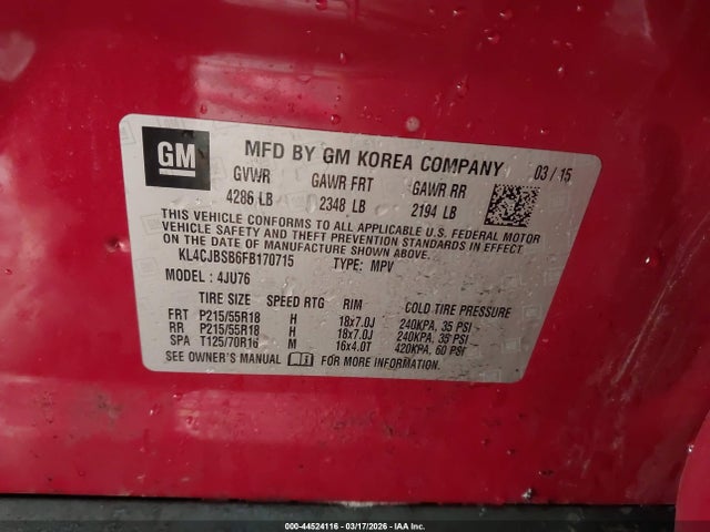 2015 Buick Encore Convenience მანქანა იყიდება აუქციონზე, vin: KL4CJBSB6FB170715, აუქციონის ნომერი: 44524116