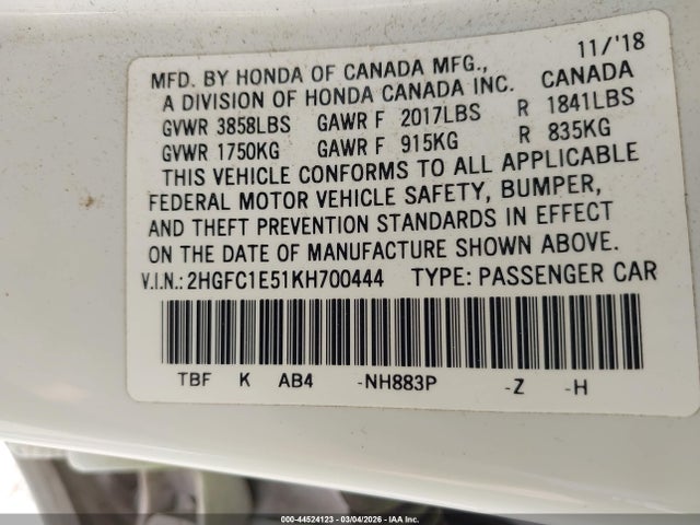 Продажа на аукционе авто 2019 Honda Civic Si, vin: 2HGFC1E51KH700444, номер лота: 44524123