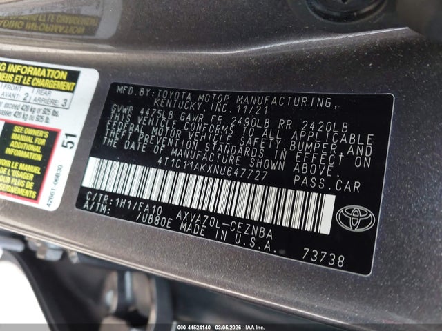 Aukcja sprzedaży 2022 Toyota Camry Le, vin: 4T1C11AKXNU647727, numer aukcji: 44524140