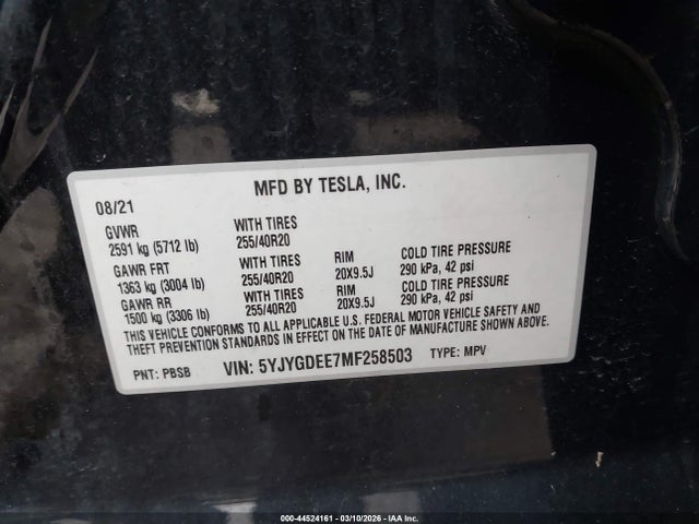 Aukcja sprzedaży 2021 Tesla Model Y Long Range Dual Motor All-wheel Drive, vin: 5YJYGDEE7MF258503, numer aukcji: 44524161