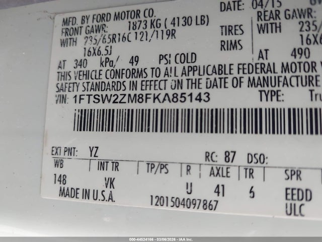 2015 Ford Transit-350 მანქანა იყიდება აუქციონზე, vin: 1FTSW2ZM8FKA85143, აუქციონის ნომერი: 44524166