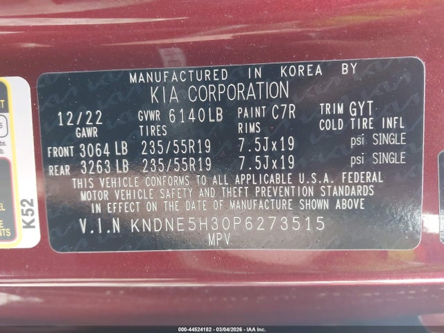 44524182 :رقم المزاد ، KNDNE5H30P6273515 vin ، 2023 Kia Carnival Mpv Sx مزاد بيع