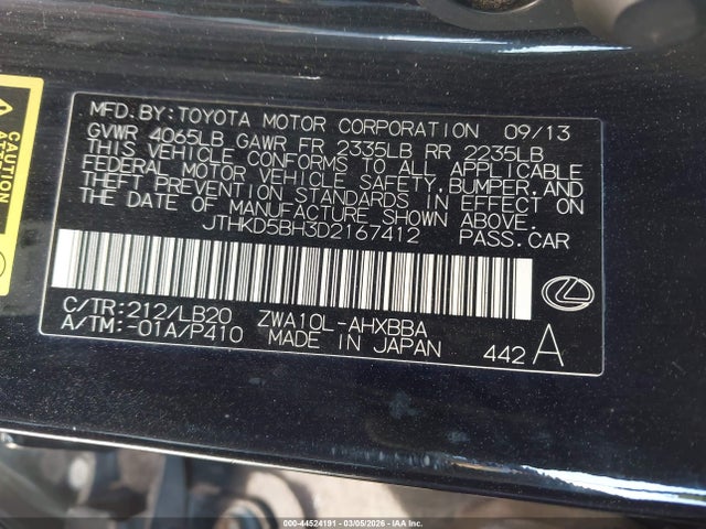 44524191 :رقم المزاد ، JTHKD5BH3D2167412 vin ، 2013 Lexus Ct 200h مزاد بيع