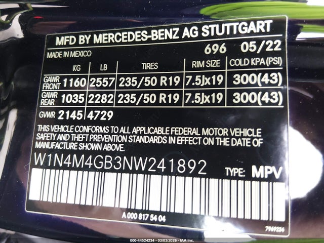 44524234 :رقم المزاد ، W1N4M4GB3NW241892 vin ، 2022 Mercedes-benz Glb 250 مزاد بيع