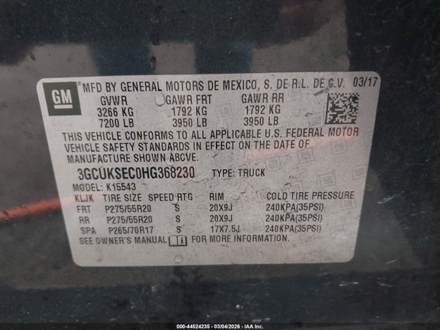 Продаж на аукціоні авто 2017 Chevrolet Silverado 1500 1lz, vin: 3GCUKSEC0HG368230, номер лоту: 44524235