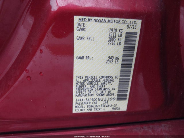 Продаж на аукціоні авто 2013 Nissan Altima 2.5 S, vin: 1N4AL3AP4DC922399, номер лоту: 44524274