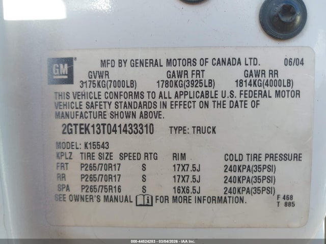 2004 Gmc Sierra 1500 Slt მანქანა იყიდება აუქციონზე, vin: 2GTEK13T041433310, აუქციონის ნომერი: 44524283
