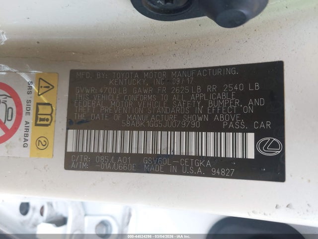 Aukcja sprzedaży 2018 Lexus Es 350, vin: 58ABK1GG5JU079790, numer aukcji: 44524298