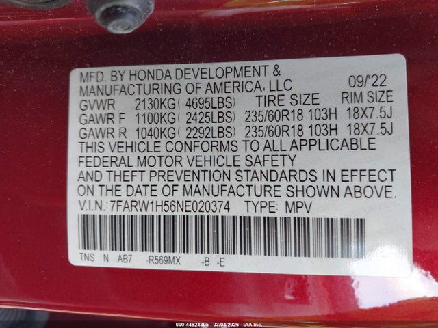 7FARW1H56NE020374 Honda Cr-v 2wd Ex