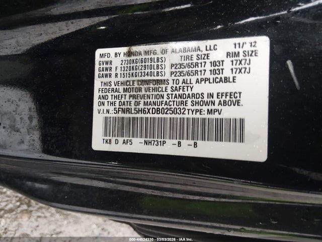 Продажа на аукционе авто 2013 Honda Odyssey Ex-l, vin: 5FNRL5H6XDB025032, номер лота: 44524330