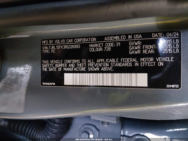 Продаж на аукціоні авто 2024 Volvo S60 B5 Core Dark Theme, vin: 7JRL12FK3RG326993, номер лоту: 44524345